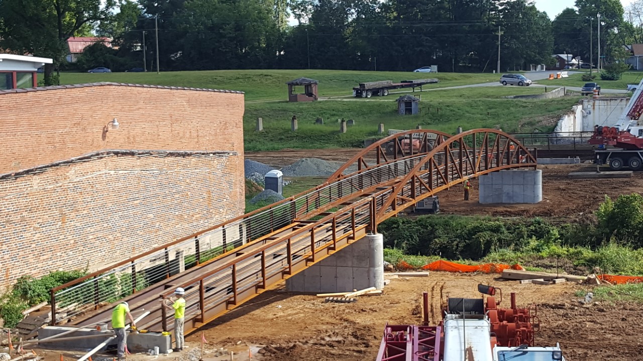 newly installed pedestrian bridge at Revolution Mill