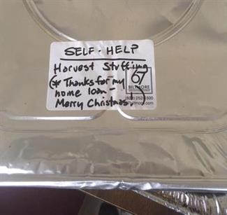 Thank you from borrower dish of food with kind thank-you note