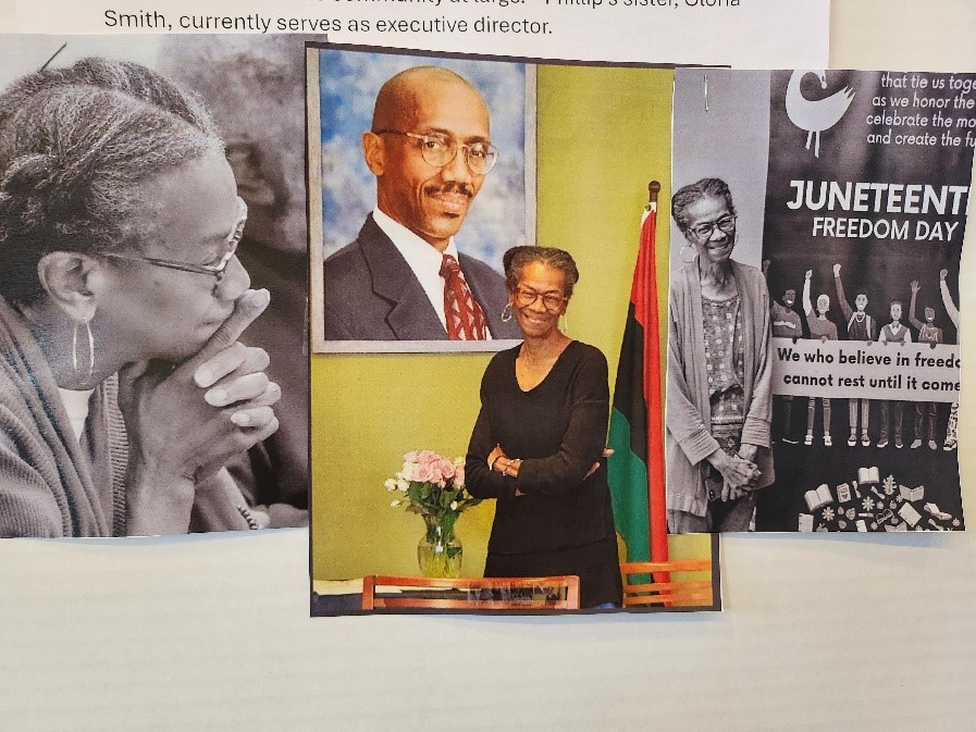 A wall display featuring three images of an older Black woman