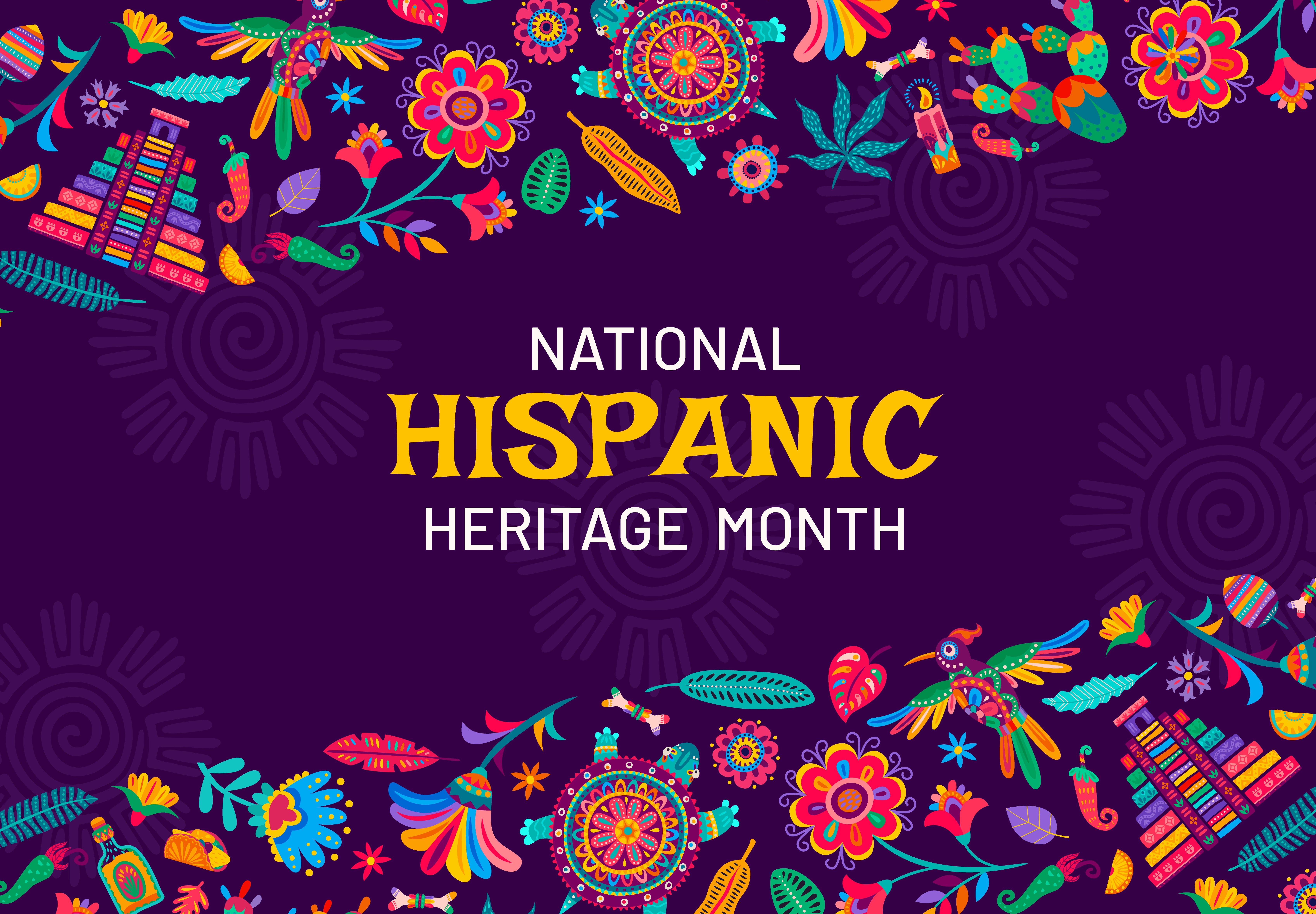 national hispanic heritage month on a purple background with hispanic imagery on the top and bottom margins of the image